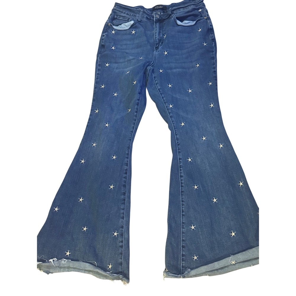 Judy Blue Star‎ Embroidered Flare Jeans Medium Wash Bell Bottoms 14W Celestial